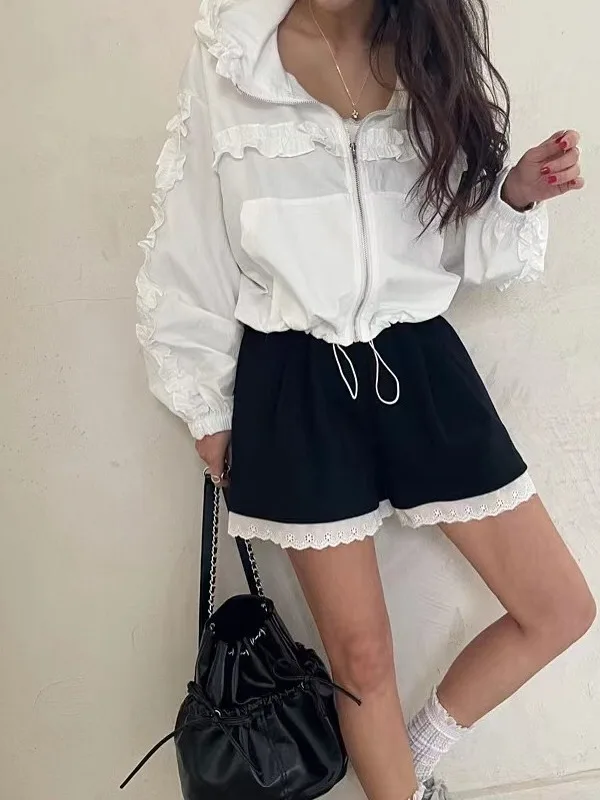

Women's Long Sve Thin Outerwear Lace Trim Splice Design Spring Summer Autumn Faionable Top Korean Sle Loose Fit ort ...