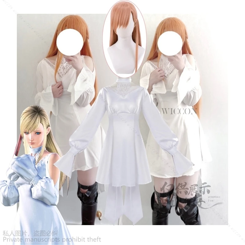 

Anime Game FF14 Ryne Lolita Minfilia Cosplay Costume White Cute Lace Dress Roleplay Wig Long Straight Hair Women Christmas Party