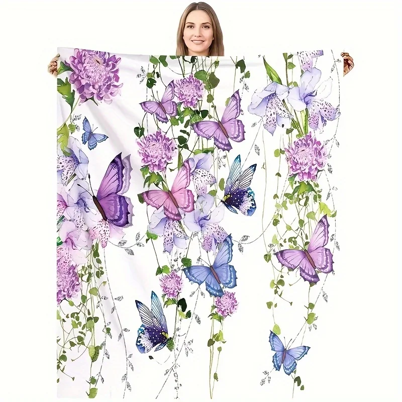 

1pc Blue and purple butterfly theme colorful flower print blanket - suitable for all seasons, suitable for sofa, office, camping