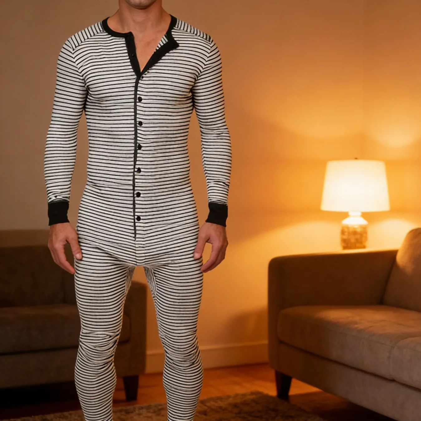 

Striped Pajamas for Men Tight Long Sleeve Jumpsuit Winter Loungewear Cozy Sleepwear