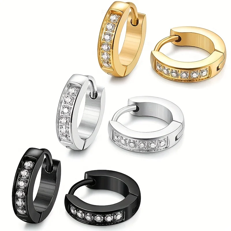 2pcs Unisex Punk Fashion Stainless Steel Hoop Earrings with Sparkling Cubic Zirconia Closure For Men Women Daily Wear Jewelry