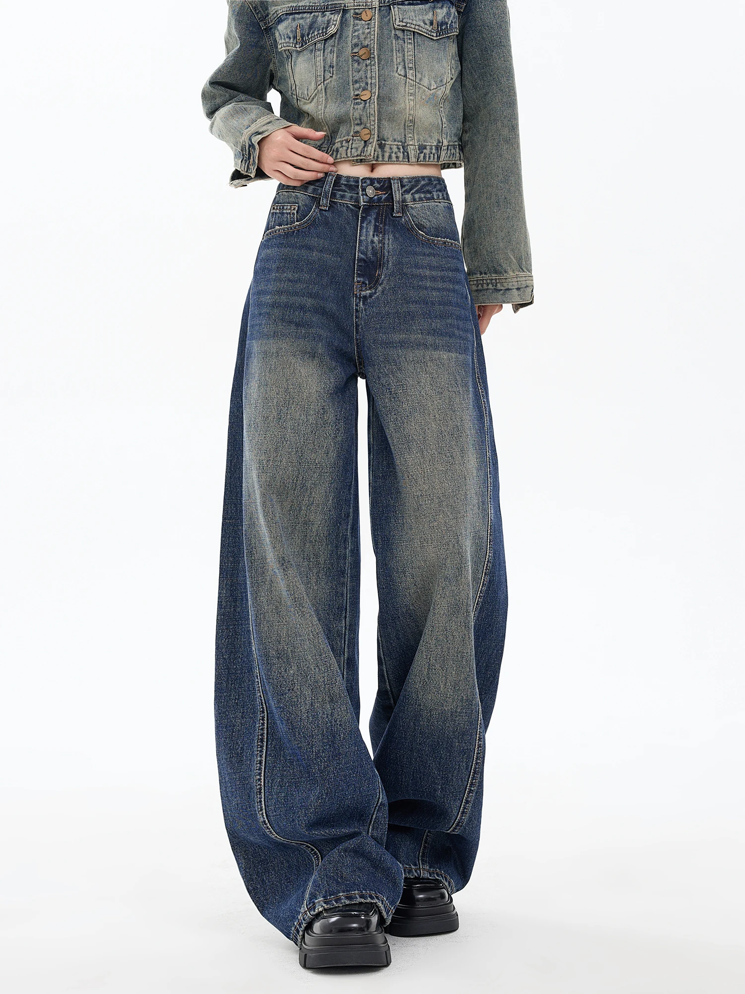 

Женские свободные джинсы прямого кроя с высокой талией, широкие брюки из хлопкового денима, синие, винтажные, с эффектом похудения, в американском стиле