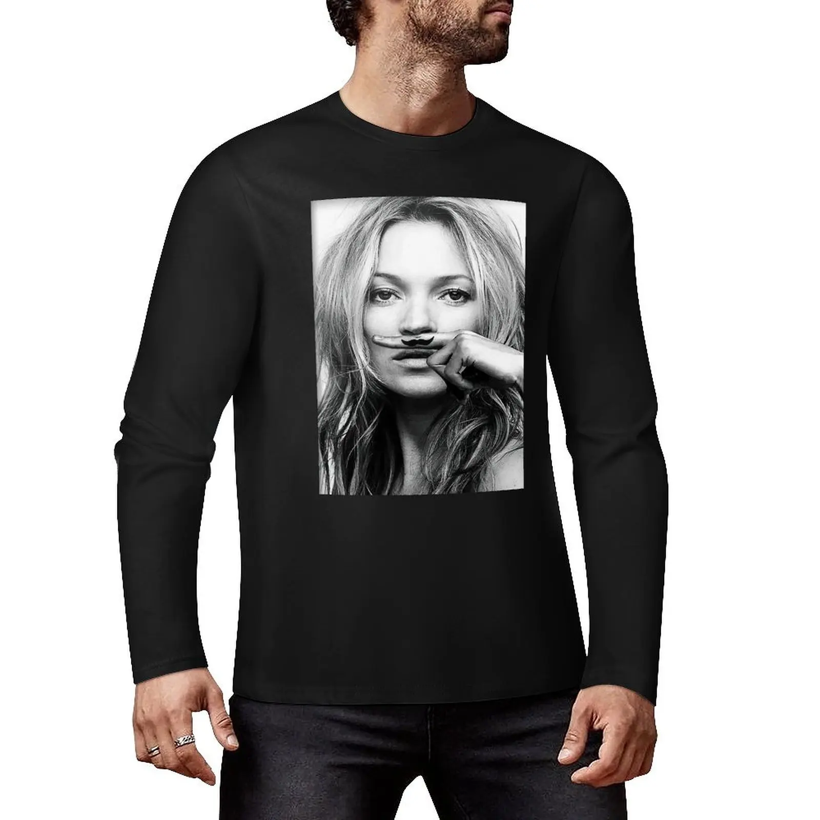 Kate Moss, Mustache, Black and White Photograph Long T-Shirt cute tops anime tees Blouse mens tall t shirts