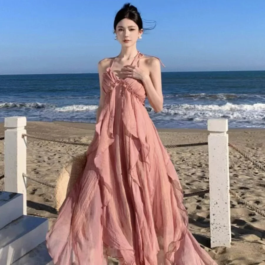 

Платье-сарафан с воланами по краю, розовое, сказочное, очень нежное, для отпуска и пляжа