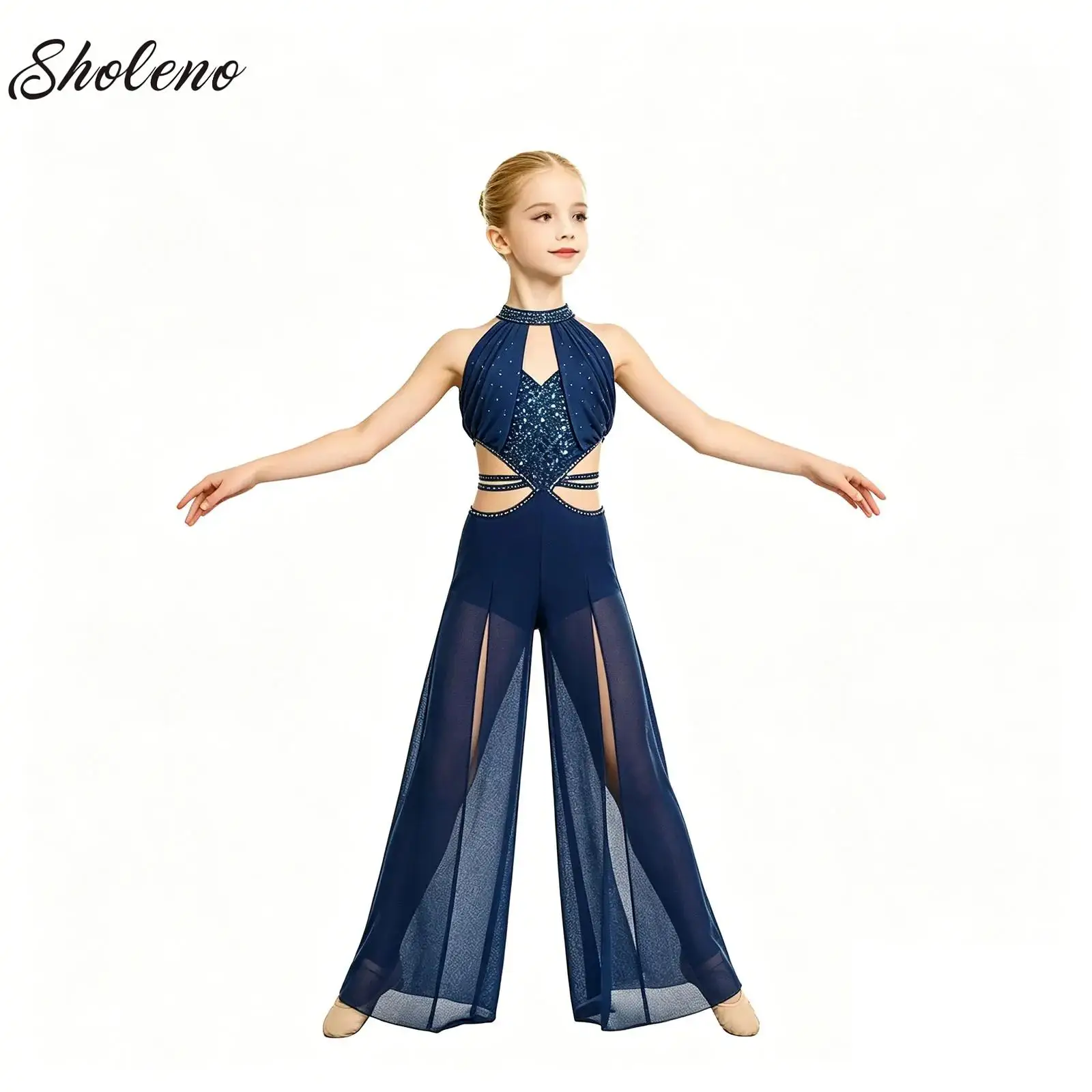 

Kids Girls Shiny Mesh Rhythmic Gymnastics Jumpsuit Ballet Dance Bodysuit Sleeveless Sequin Wide-Leg Pants Rompers Figure Skating