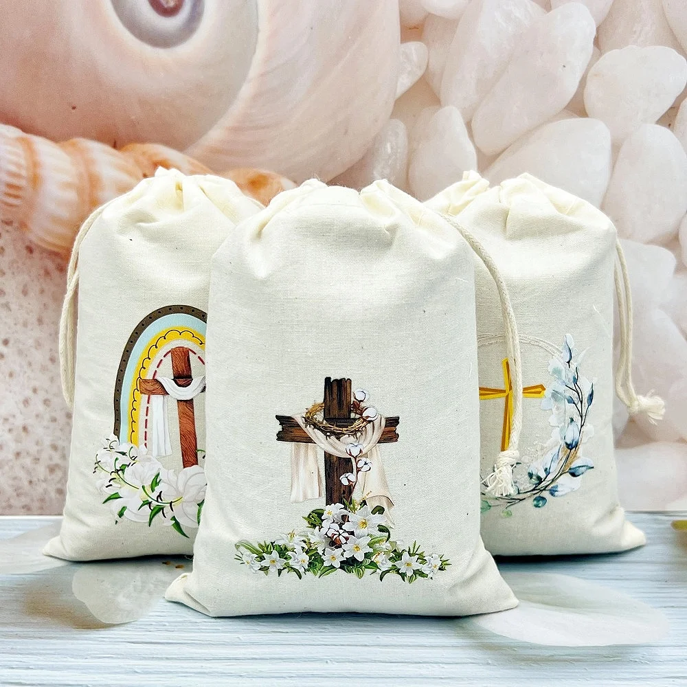 10 unids/lote bolsas de regalo de bautismo y primera comunión Beige bendición de Dios cruz religiosa impresa bolsas de regalo de algodón con cordón