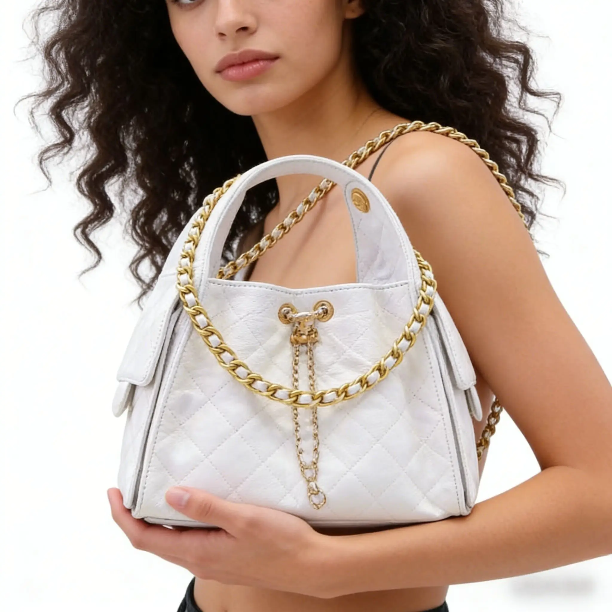 

Fashionable Street-Style Leather Hobo Bag Women's Underarm Single Shoulder Bag Diamond Chain Drawstring Tote Bag