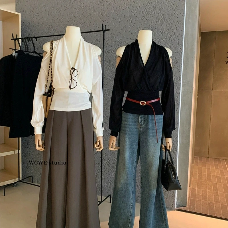 

Korean contrasting color one-shoulder short-sleeved T-shirt for women 2025 summer new irregular knitted top