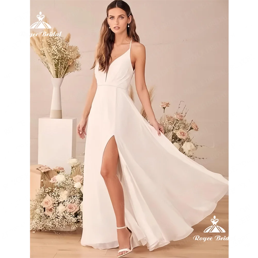 Roycebridal V Neck A Line Wedding Dress 2025 Chiffon Backless Side Slit Sweep Train Wedding Gown vestidos novias bodarobes de ma