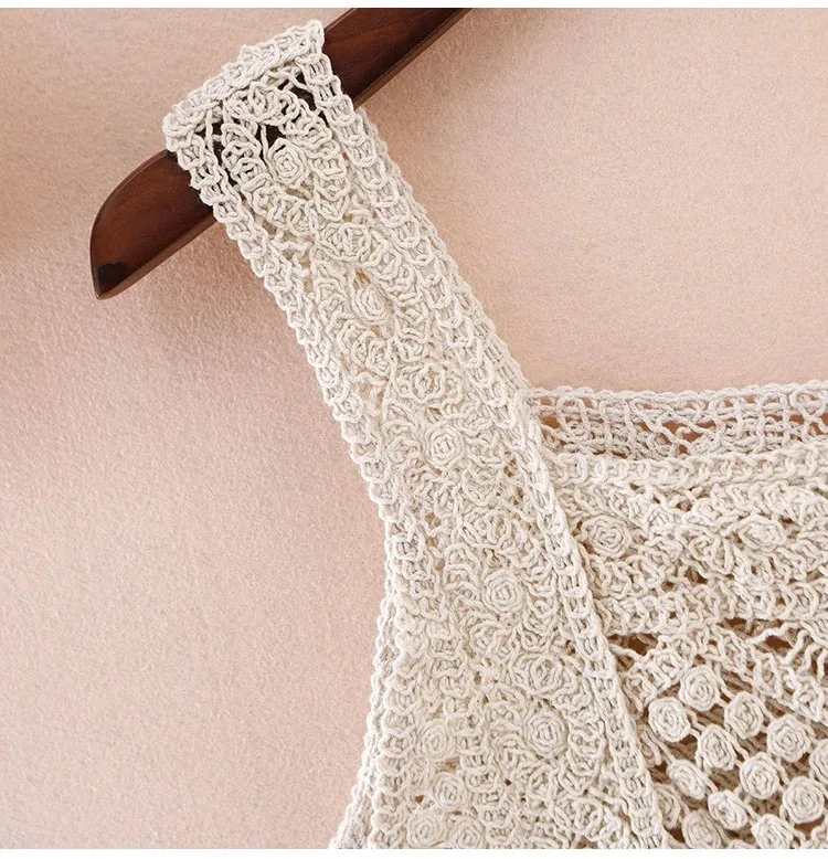 Crochet Knit Tank Top Boho Sheer Open-knit Sleeveless Square Collar Crop Cover Up Women Teengirl Summer Vacation Beach Outfi