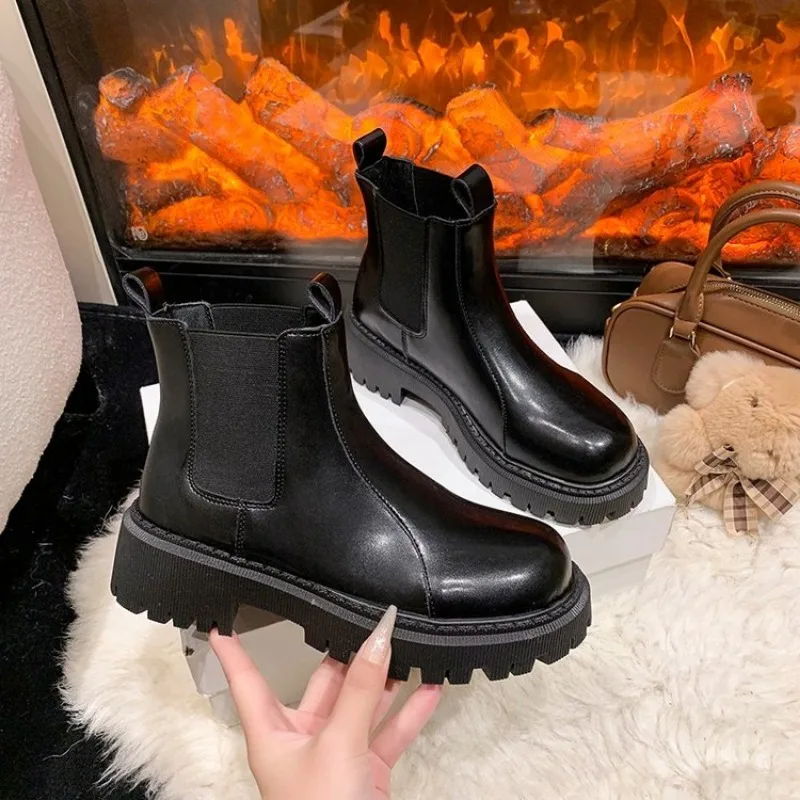 

Ankle Boots Platform Women Cow Leather Chelsea Boots Round Toe Elastic Band Thick Sole Ladies Shoes Handmade Plus Size 41 42