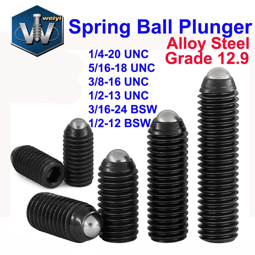 

Weiyi 1/4 5/16 3/8 1/2 UNC 3/16 BSW Hex Socket Set Screws Grade 12.9 Alloy Steel Headless Grub Bolts with Spring Ball Plunger