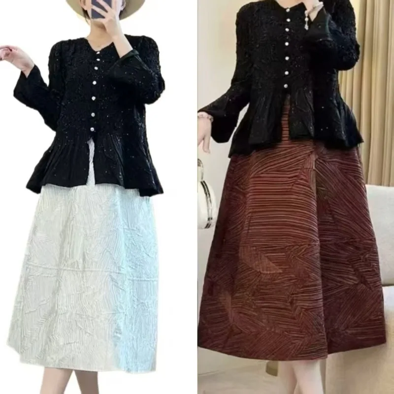 

Женский комплект плиссированной юбки Miyake, 2022, рубашка с одним пуговиком «рыбий хвост» + плиссированная тонкая юбка трапециевидной формы с геометрическим рисунком, осеннее новое поступление