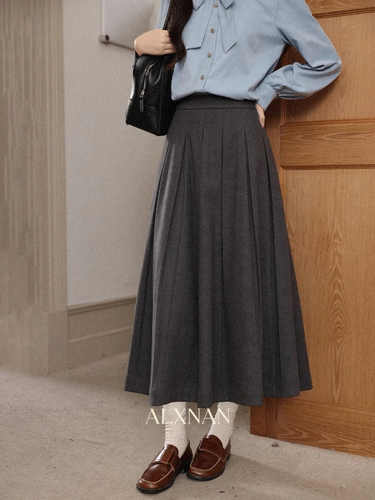 

ALXNAN Gray Pleated Skirts Solid Academic Style Loose Fit Skirt Autumn New Casual Versatile Gentle Commuting Long Skirts L57329