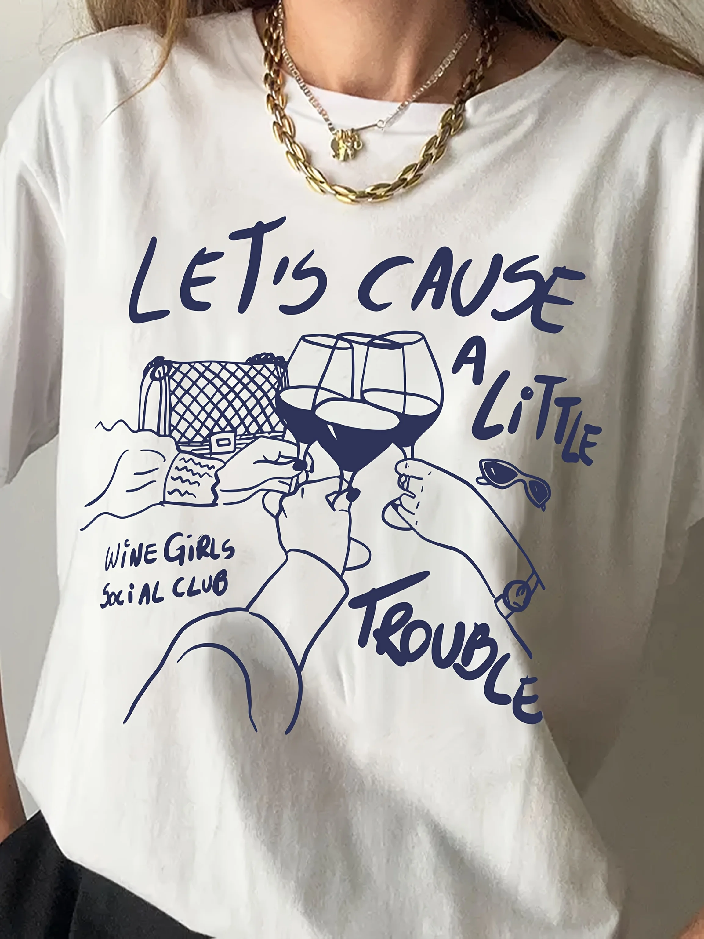 

Женская повседневная футболка с круглым вырезом и элегантным надписью, топ с рукавами в виде бокалов для вина, эстетичная весенняя и летняя одежда