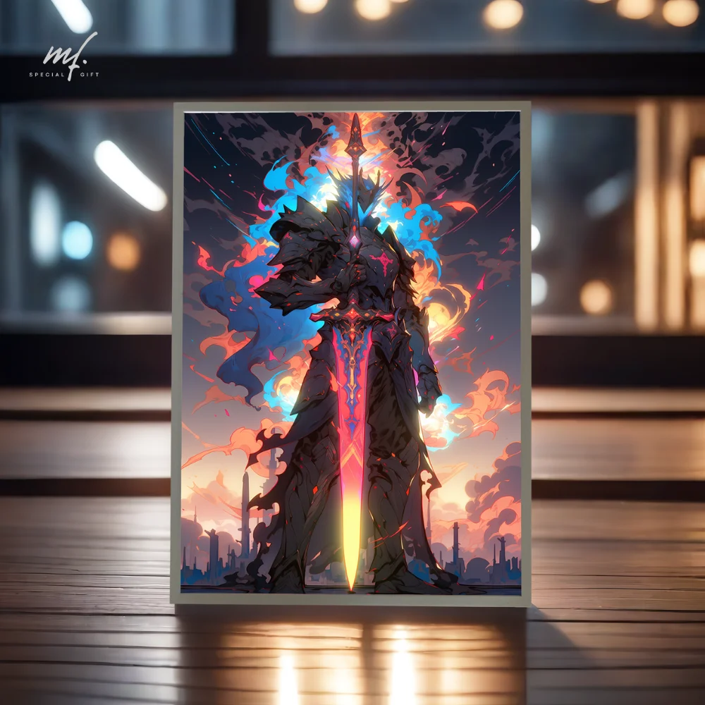 LED amazing anime knight light painting, HD picture USB dimming ultra-narrow frame,  Unique game room decoration night lamp gift