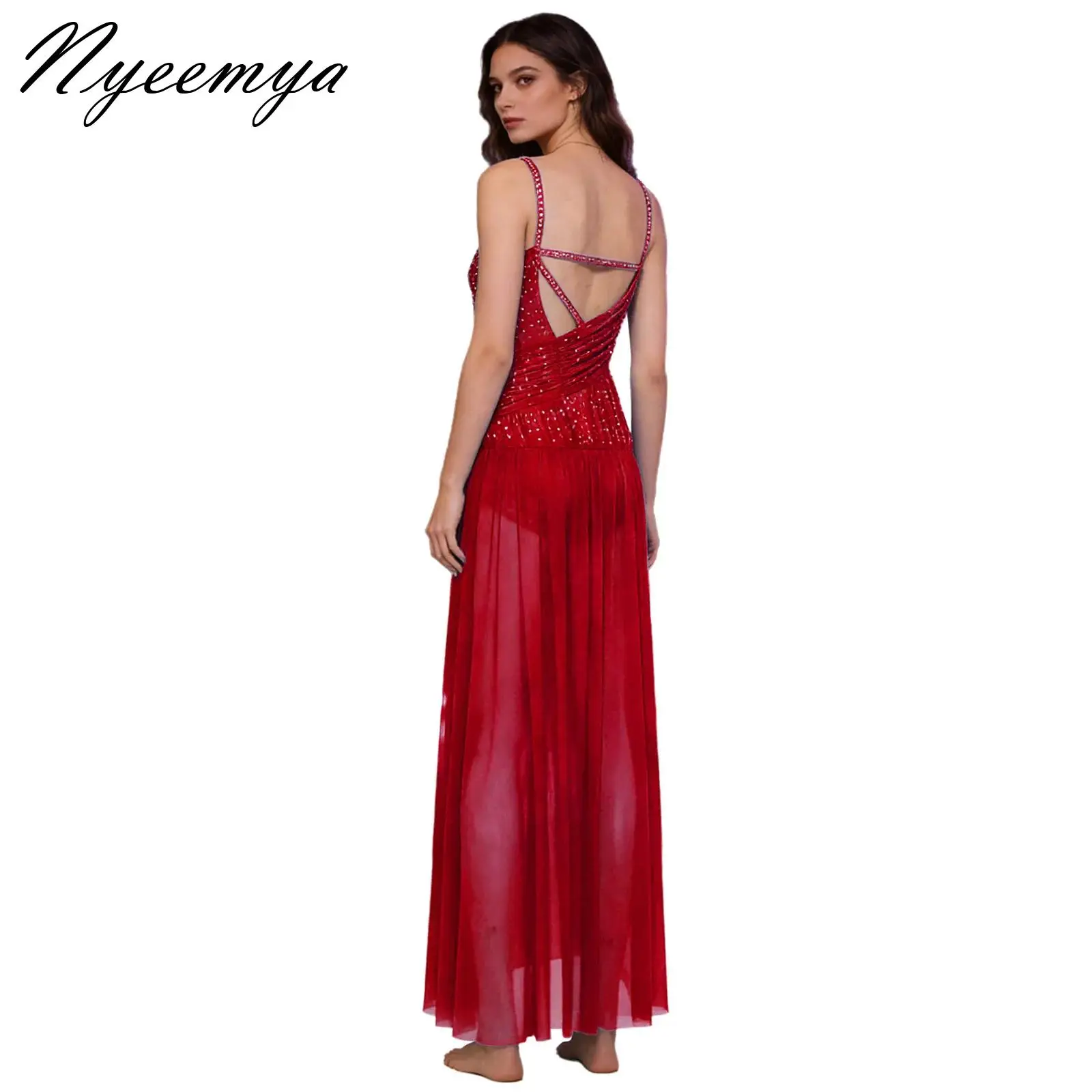 

Womens Asymmetrical Shoulders Modern Performance Dress Figure Skating Rhinestone Mesh Tutu Skirt Ballet Gymnastics Dancewear
