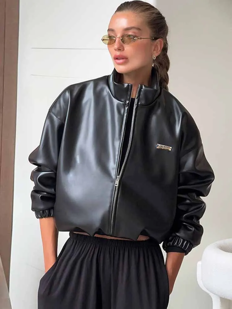 

MCDV Faux Leather Jakcet Women Vintage Street Casual Loose Stand Collar Zipper Pu Coats 2025 Autumn Chic Lady Motorcycle Outwear