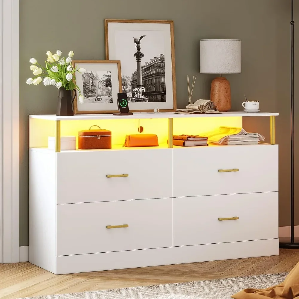 

Dressers & Chests of Drawers with Column Design, 4 Drawer Bedroom Led Wide Wood Dresser, White Dresser with Charging Station