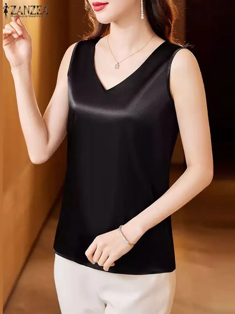 ZANZEA Korean Fashion OL Work Blouses V Neck Elegant 2024 Summer Women Shirts Matte Satin Solid Color Sleeveless Tank Tops