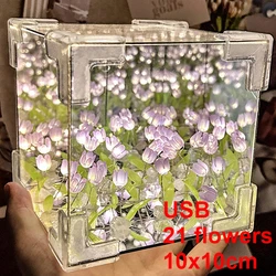 Tulip Mirror Cube Lamp Simulation Flower Bedroom Sleeping Table Lamp Handmade DIY Craft Tulips Mirror Night Light Birthday Gifts