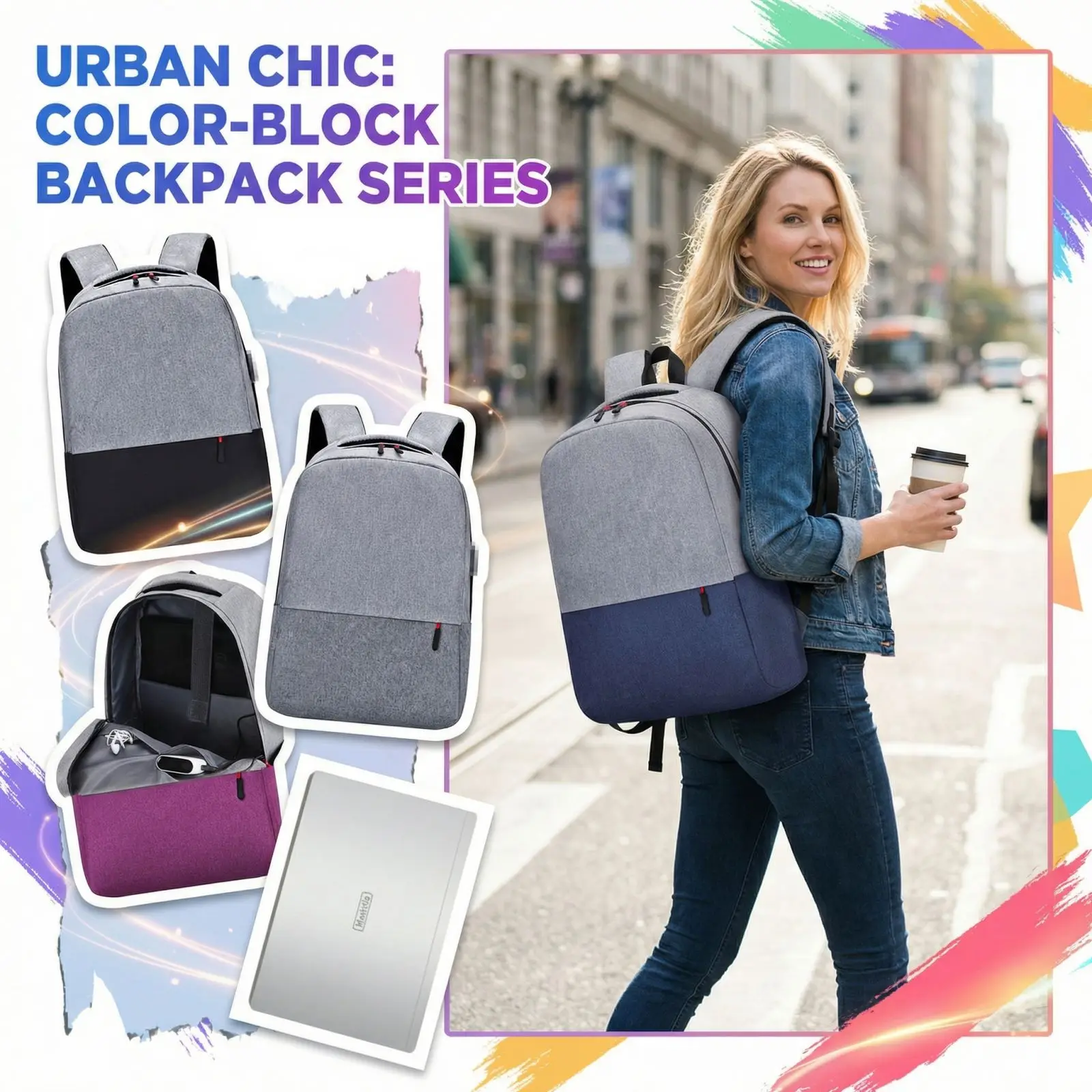 Color Block Backpacks Urban Chic Backpack Laptop Compartment School Bag Travel Rucksack for Women Men College Daily Use 2026