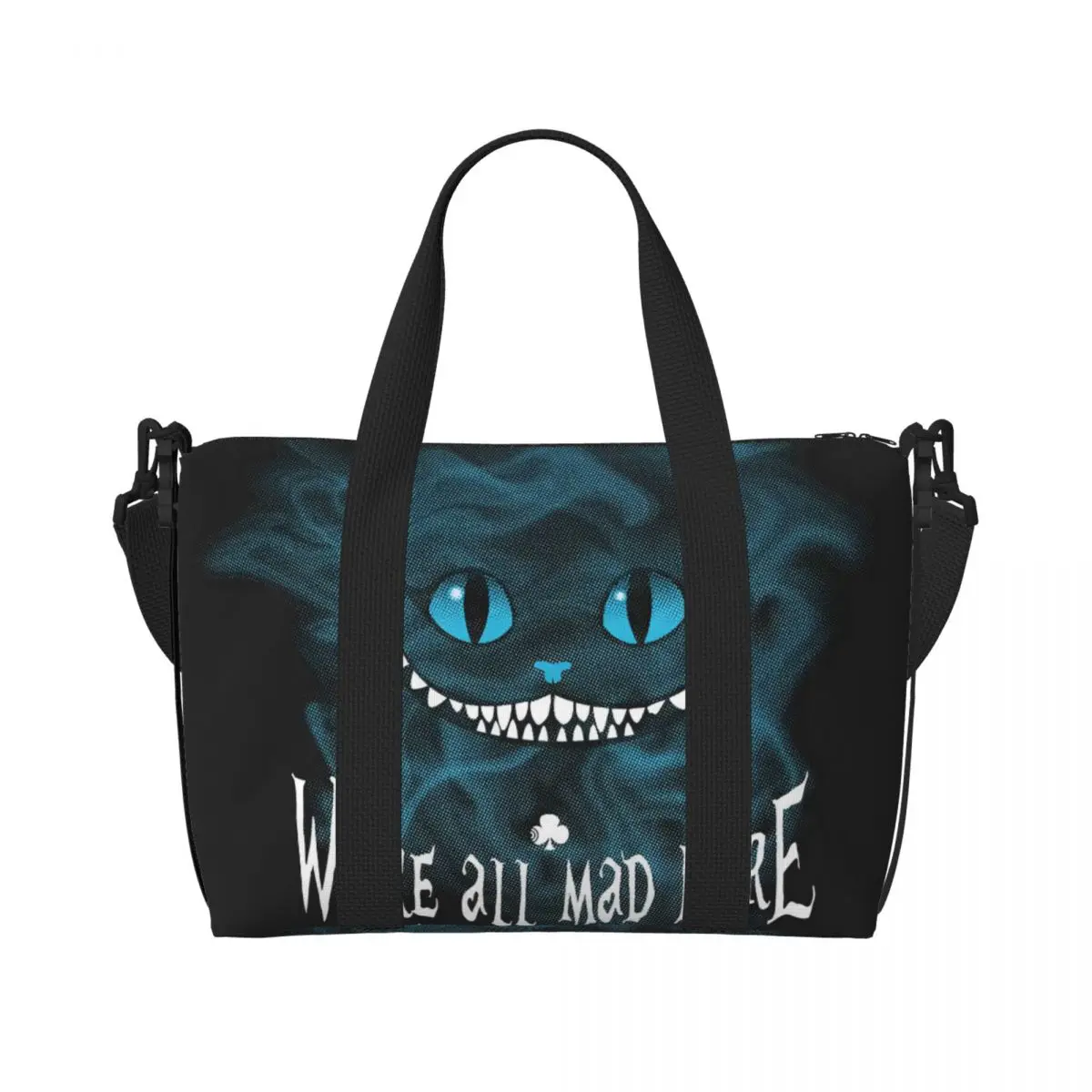 

Custom Cheshire Cat Beach Tote Bag Women Extra Large Gym Carry On Cartoon Animal We're All Mad Here Smile Travel Shopping Bags