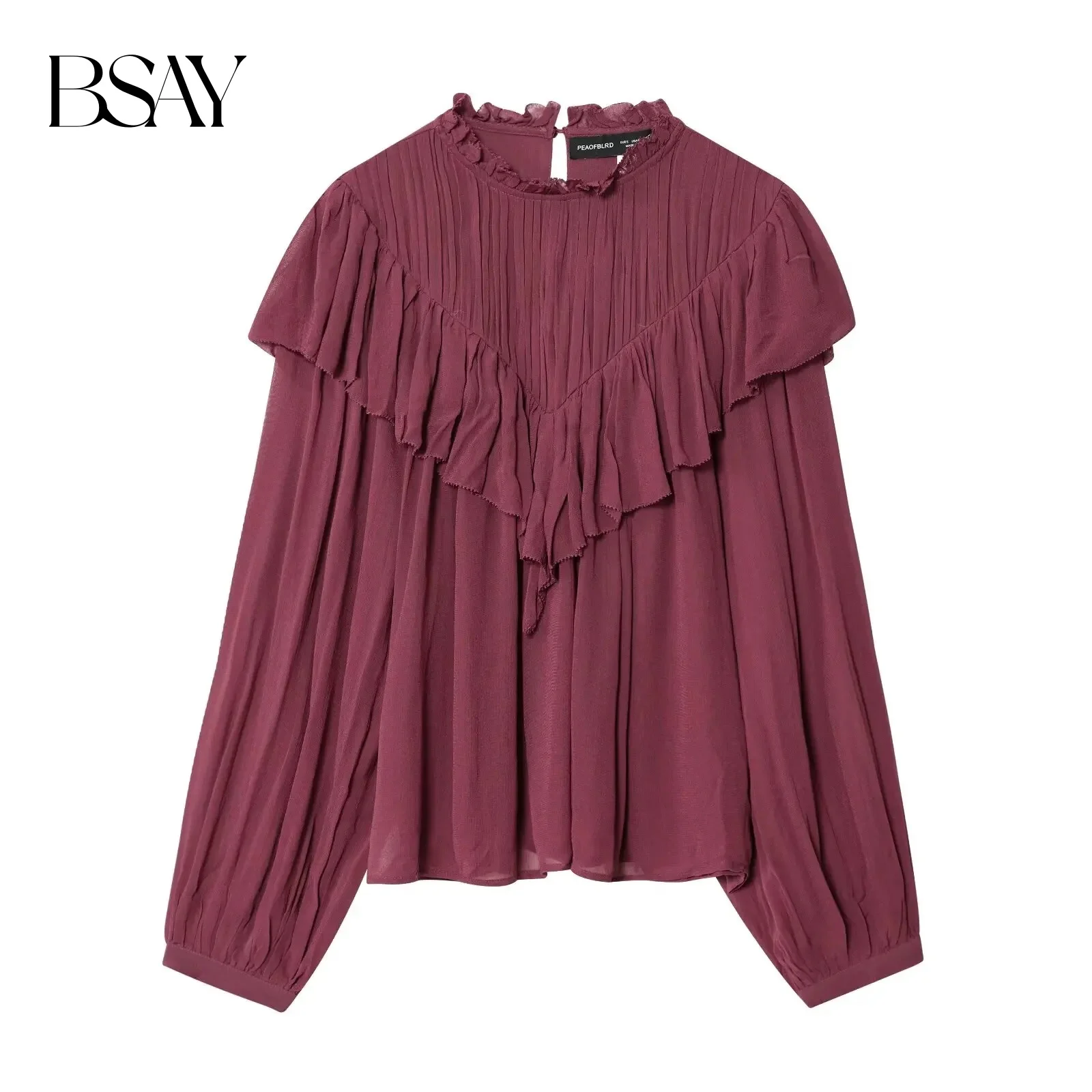 

BSAY solid color long sleeved sweet women's fashion autumn new item 2025 layered ruffle edge decorative pullover shirt