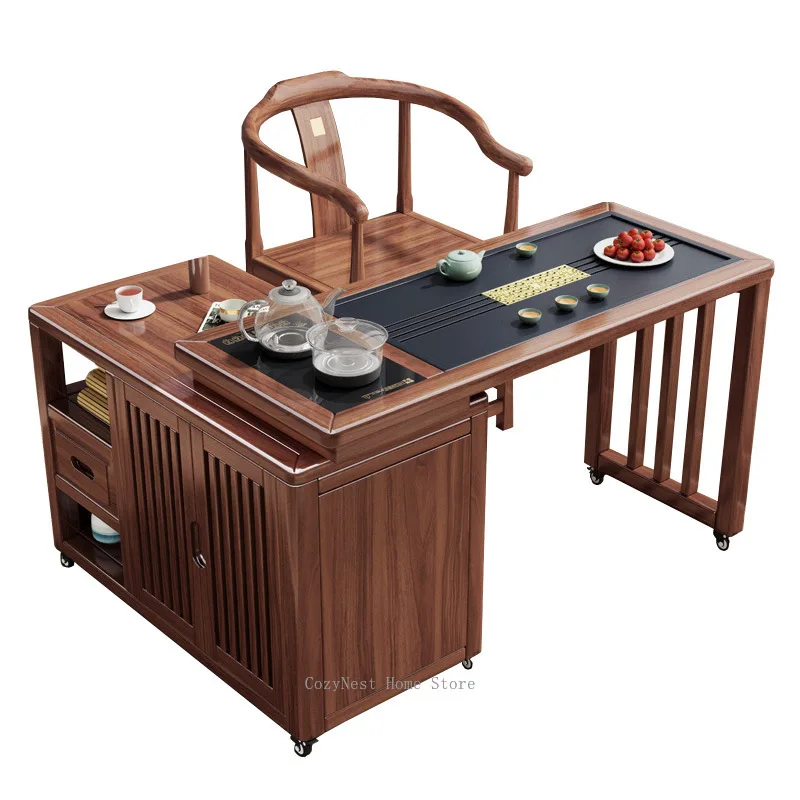 Solid wood rotating tea table full set balcony mobile Kung Fu tea table integrated tea table and chair combination coffee