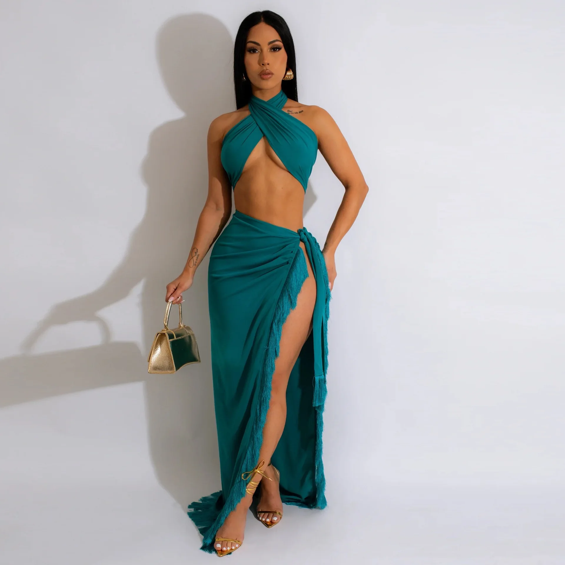 

Summer Women Solid Dress Set Sleeveless Sexy Wrapped Chest Strap Crop Top And Solit Skirt Two Piece Set Side Tassel Skirt Set