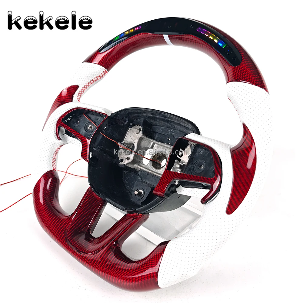 Car Accessories for Dodge Challenger Charger Custom White Perforated Leather LED Red Carbon Fiber Steering Wheel