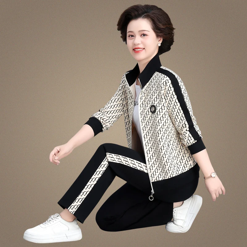 

Антивозрастной модный повседневный спортивный костюм с воротником-стойкой для женщин, новинка 2025 года, весна-осень, с принтом, открытый кардиган, свитшот, футболка-поло