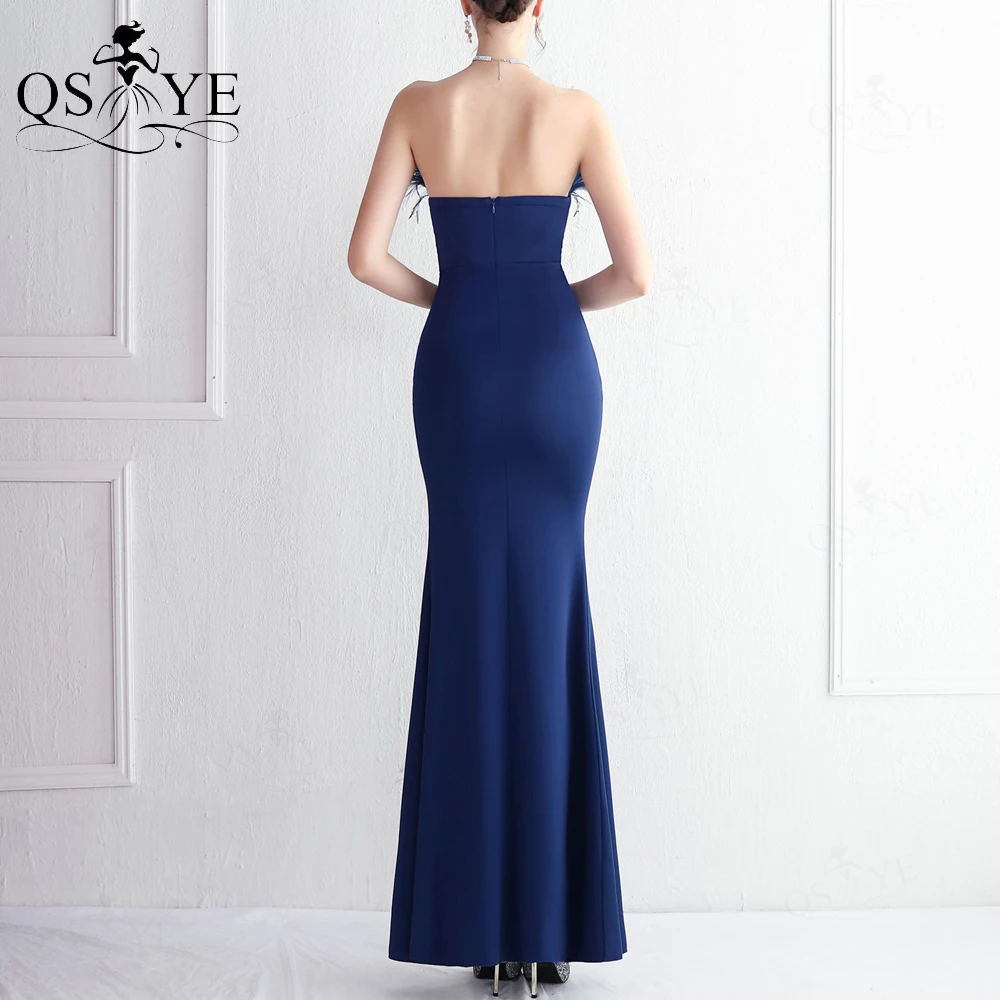 Einfache Navy Prom Kleider Straußen Feder Stretch Meerjungfrau Abendkleid Off Schulter Split Formale Ärmellose Frau Kleid für Party