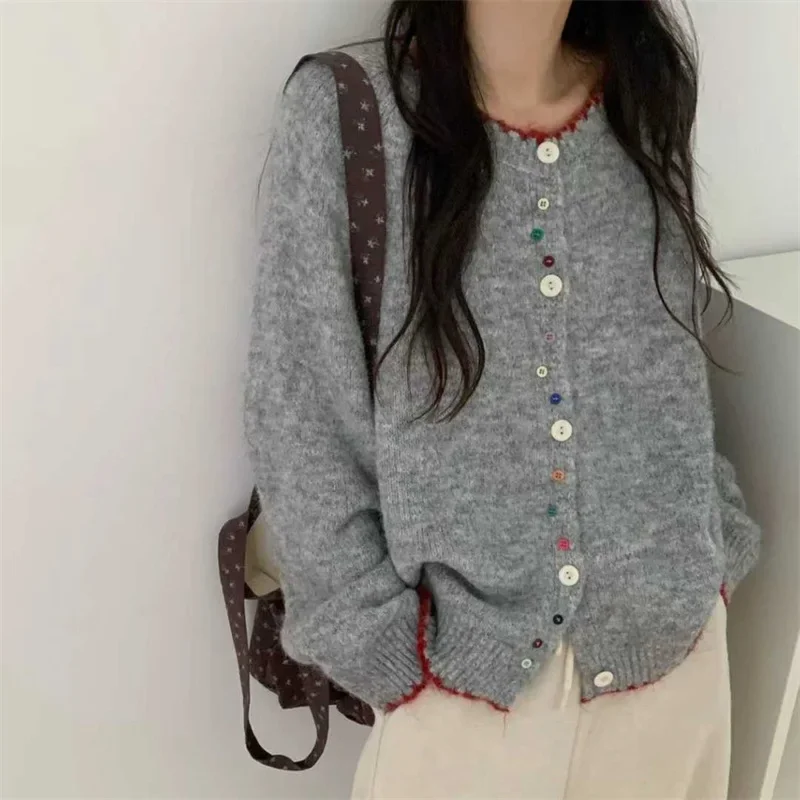 

Autumn Winter New Style Knitted Open Cardigan Top Women Soft Cozy round Neck Unusual Button Knitted Sweater Coat Women's