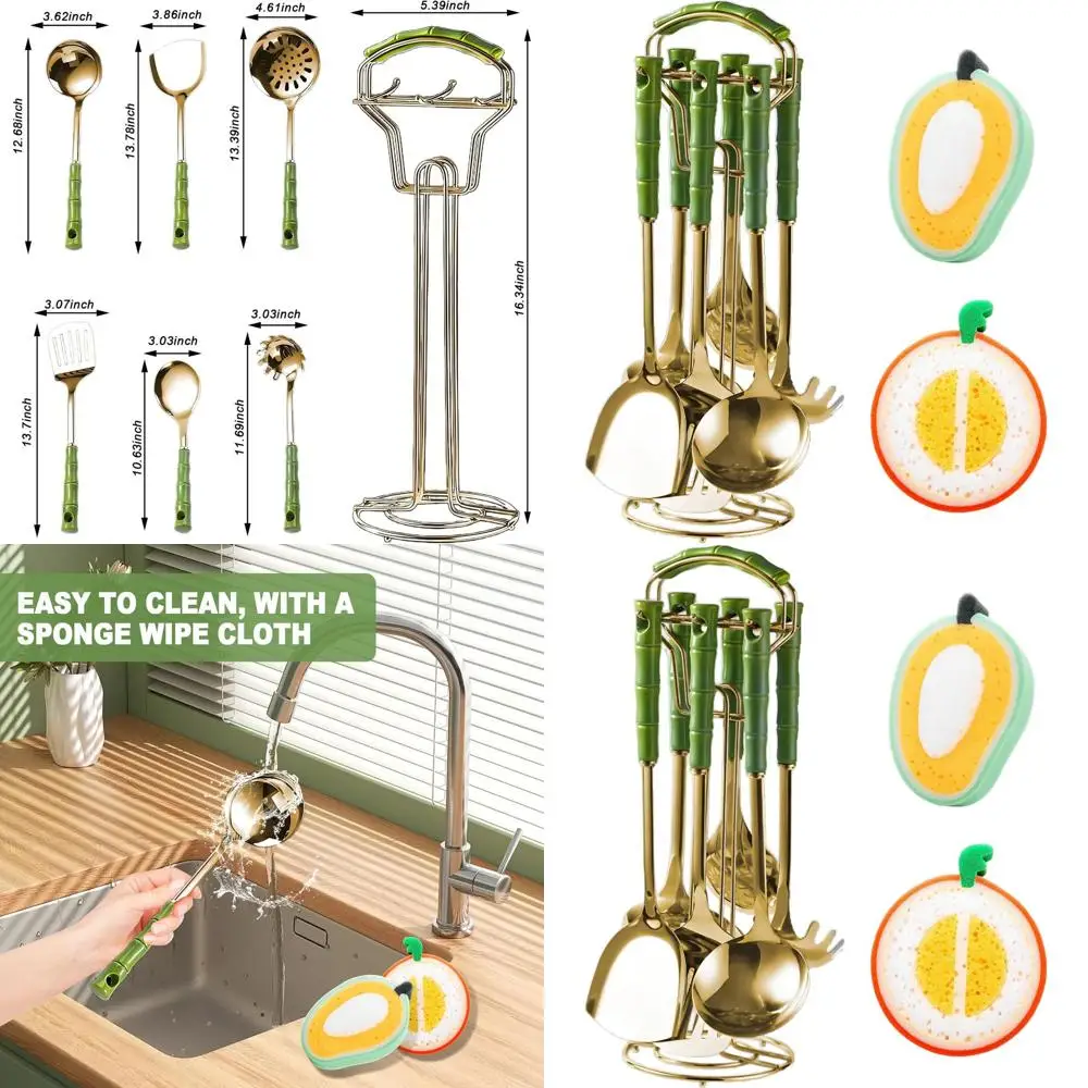 

Gold Stainless Steel 9-Piece Kitchen Utensil Set with Green Handles and Stand for Cooking Accessories