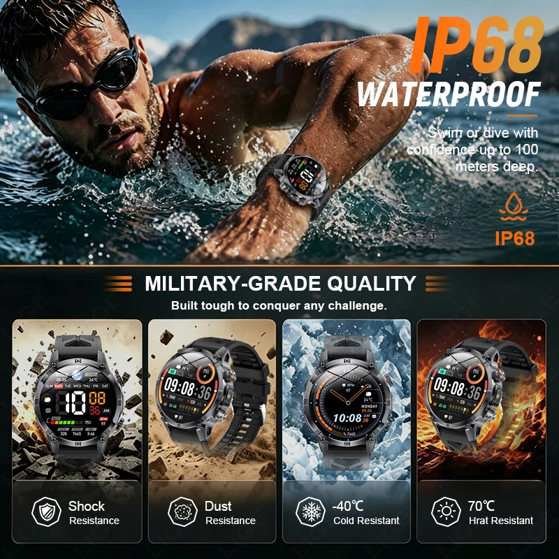 LIGE New Military 1400mAh Battery Smart Watch 1.7 Inch IP68 Waterproof Heart Rate Sports Track Smartwatch Men For Android IOS