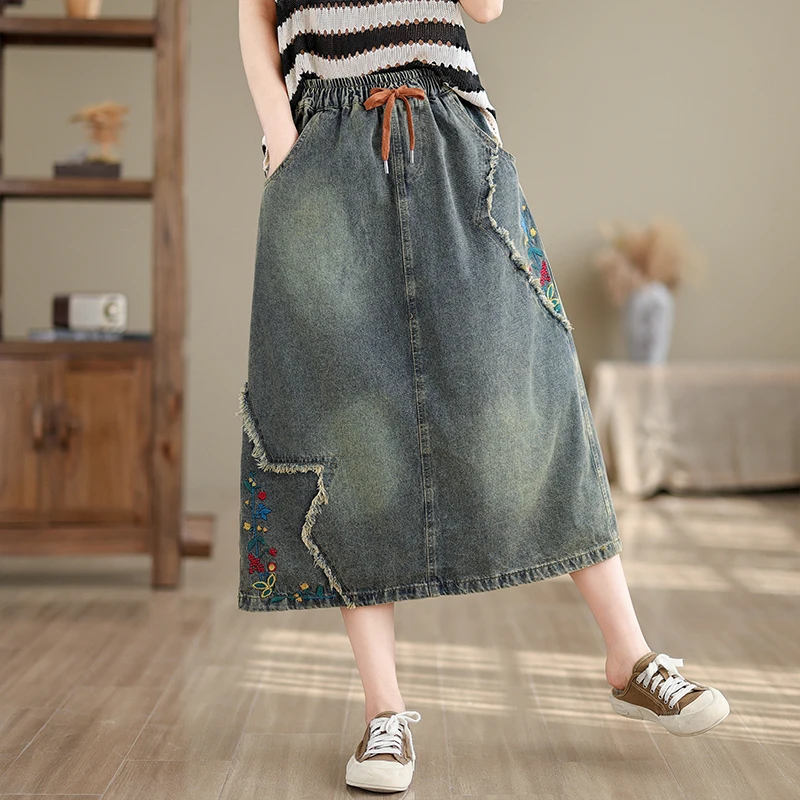 #3074 Elastic Waisted Denim Skirts Women Embroidery Floral Vintage Jeans Skirts Female Loose A-line Retro Midi Skirts Spring