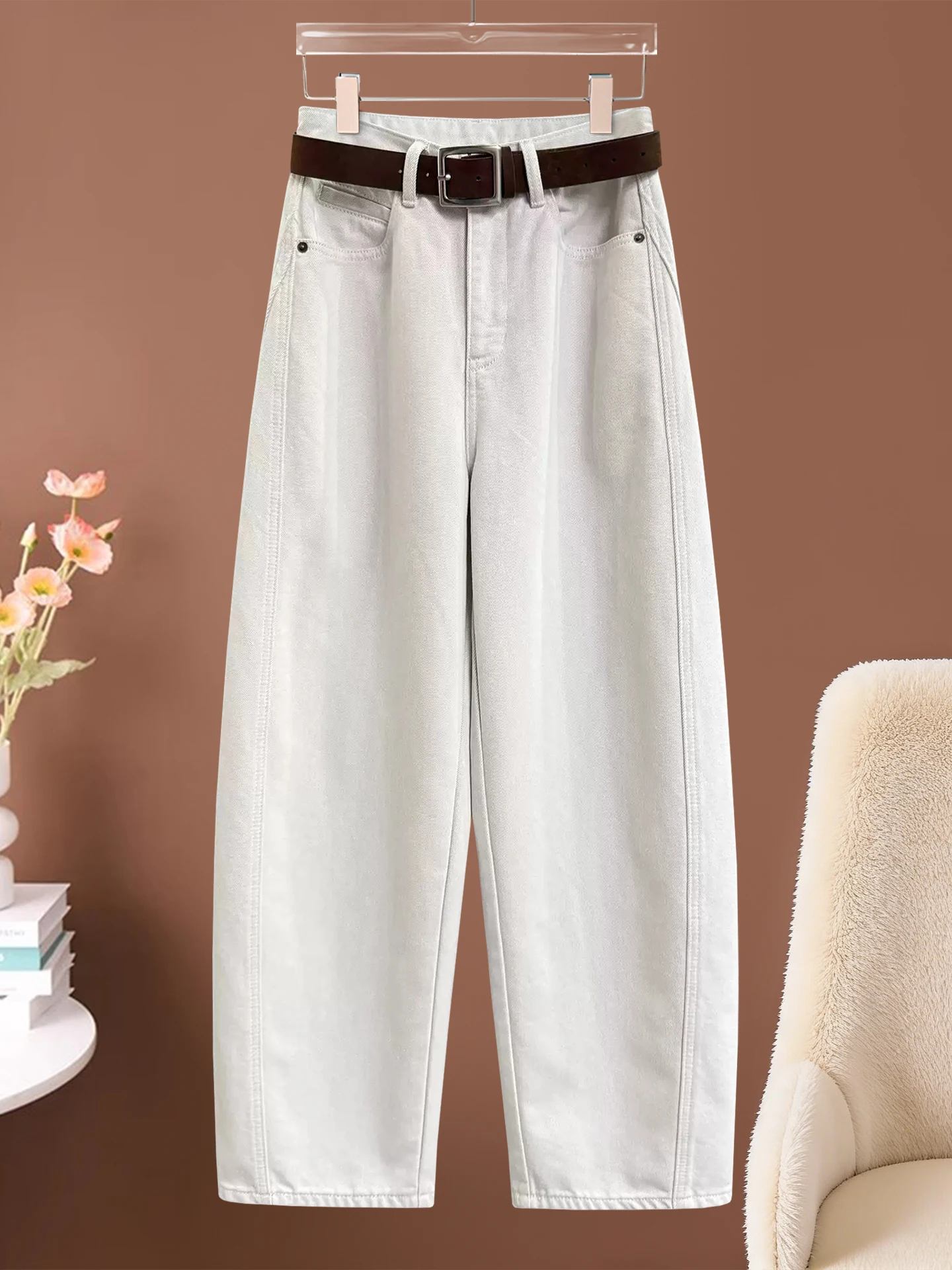 

High Waist Loose Fit Fleece Lined Wide Leg Banana Jeans Women's Autumn Winter New Style Casual Knife Denim Pants