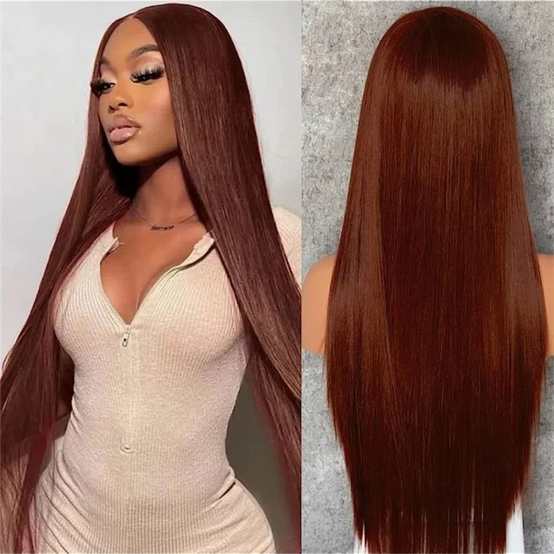 Reddish Brown Lace Front Human Hair Pre Plucked Dark Red Brown Bone Straight 4X4  Glueless HD Lace Closue Wig On Sale Clearance