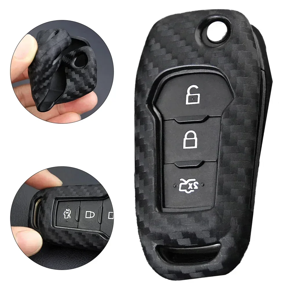 1PCS For Ford Explorer F-150 And Other Carbon Fiber Flip Car Keychains Carbon Fiber Flip Car Key Fob Case Cover Scratch-Proof Ma