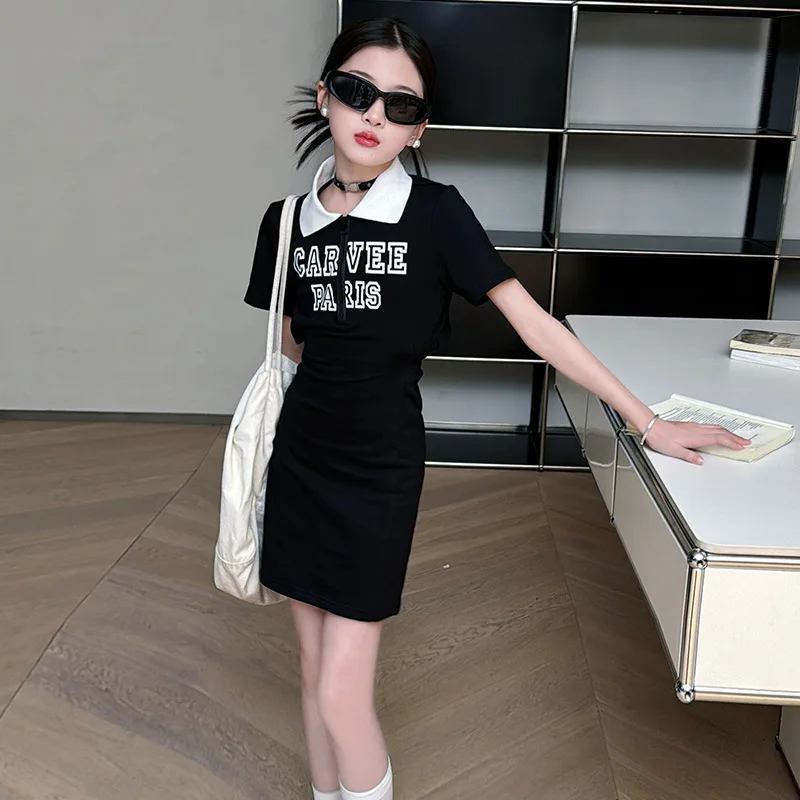 Girl's Summer Dress 2024 Children's Fashionable Hollow Open Back Skirt Girl's Internet Red Waist Tie T-shirt Wrapped Hip dress