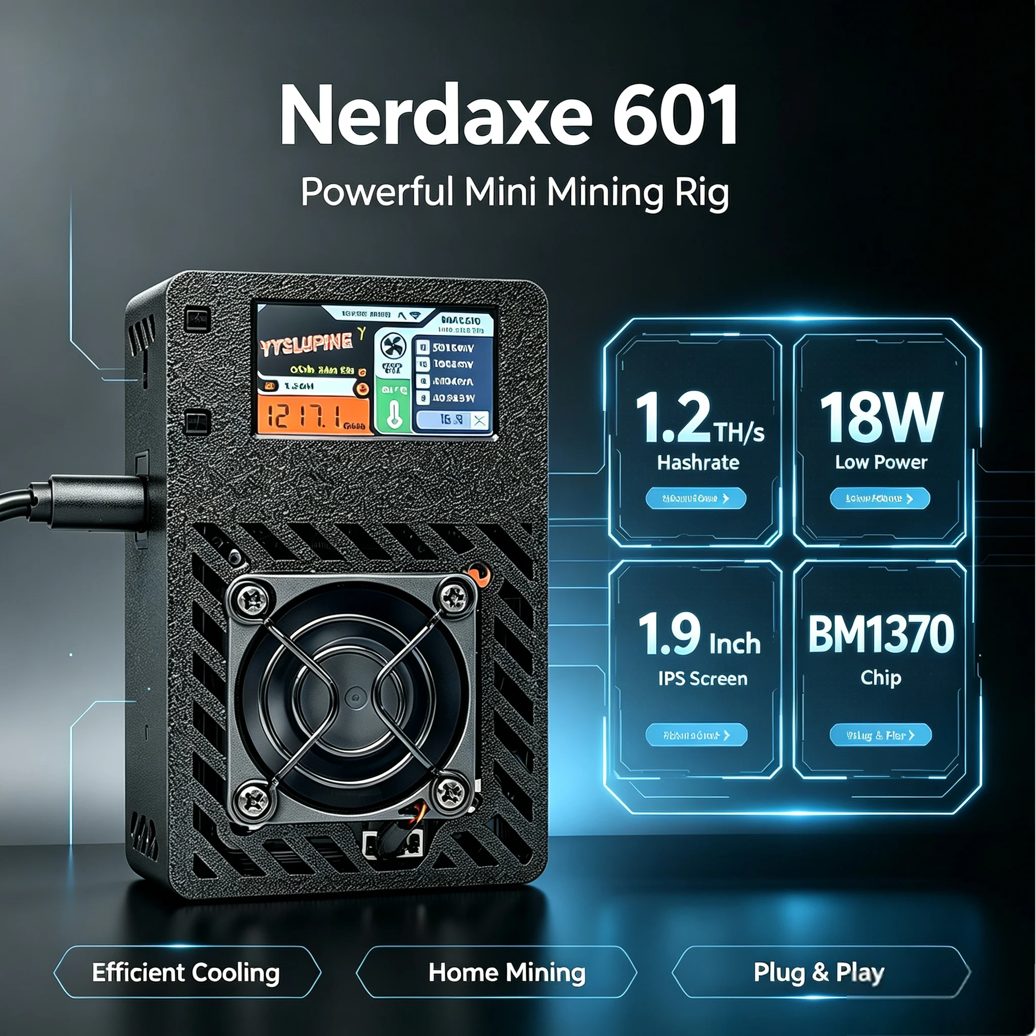 Nerdaxe 601 Gamma BTC Mining Rig BM1370 Chip Stable 1200GH/s Temperature Fan Speed Monitor Open Source Home Mini Bitcoin Miner