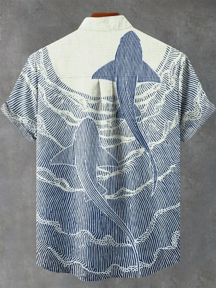 New men's summer 2025 retro fish pattern art shirt, casual linen short-sleeved, comfortable shirt for fishing enthusiasts - Image 2