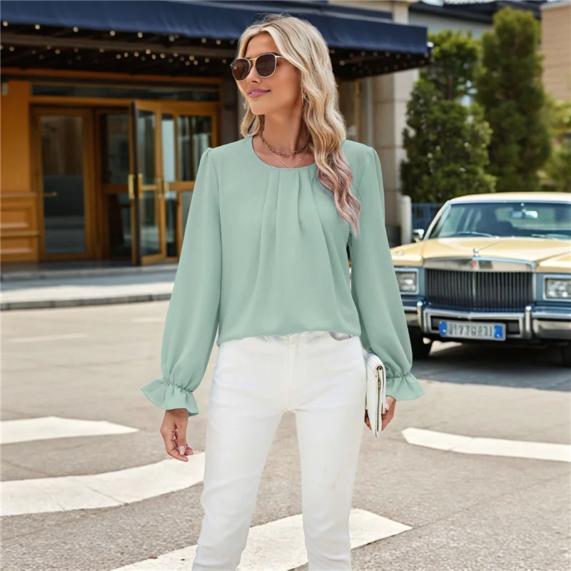 ABRT-レディース ソリッドカラー ラウンドネック 長袖 ルーズ シフォン シャツ トップス ファッショナブルでエレガントなプルオーバー トップス