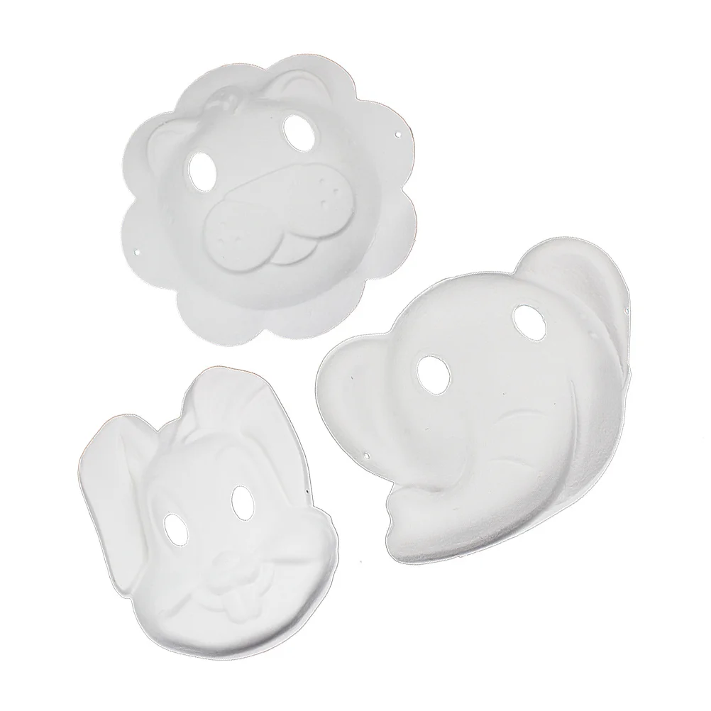 3 pcs Animal Pulp Mask Paintable Diy Face Masquerade Party Wedding Carnival Cosplay Accessory Elephant Rabbit Lion White