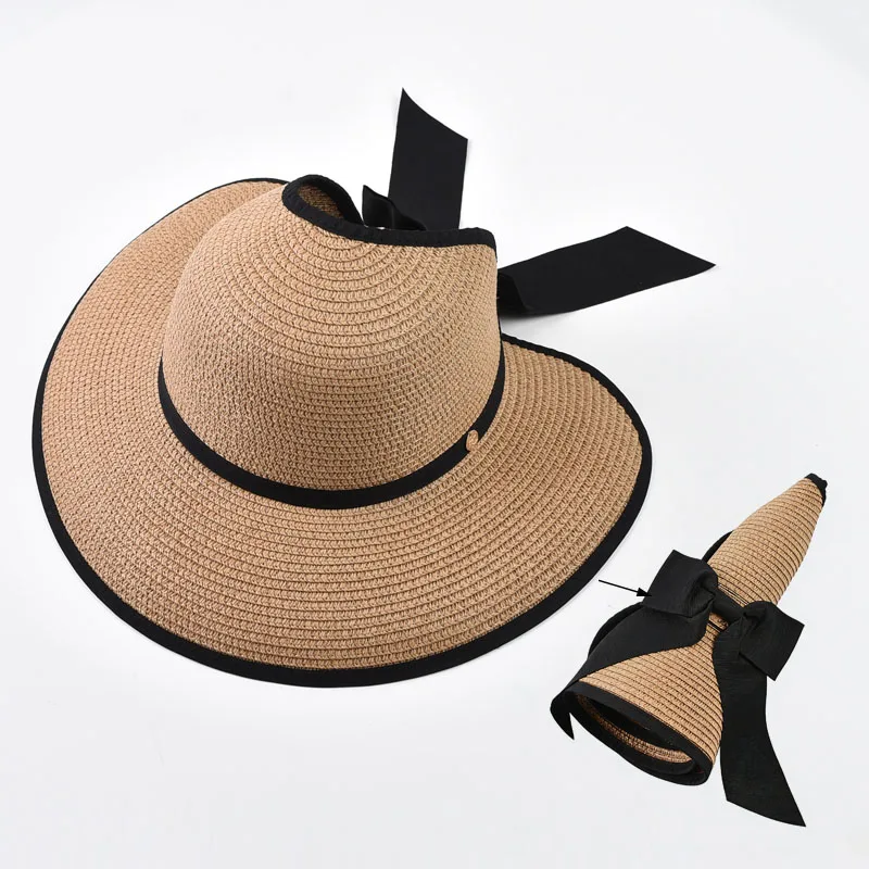 Frühling Sommer Leere Runde Sonnenhüte für Damen Eleganter Faltbarer Breiter Strohhut mit Großer Krempe für den Strand