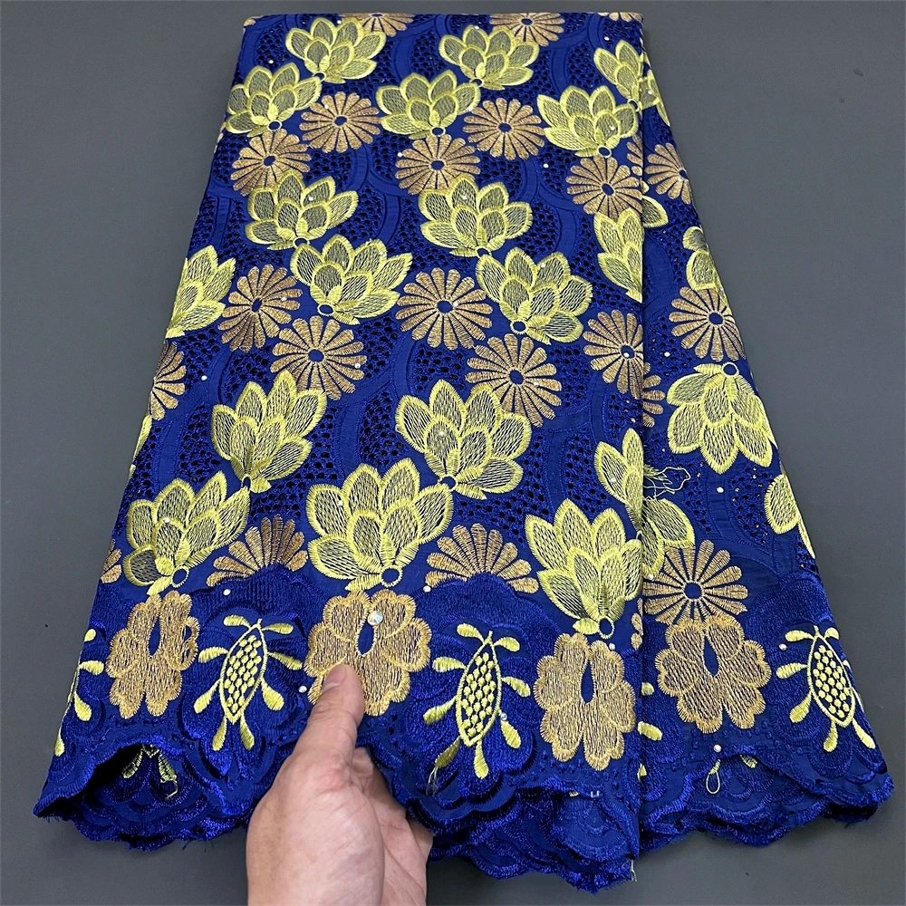 5Yards African Blue Linen Lace Rhinestone Cotton Fabric Embroidery For Women Party Dresses Tulle Fabrics In Per The Meter Sewing