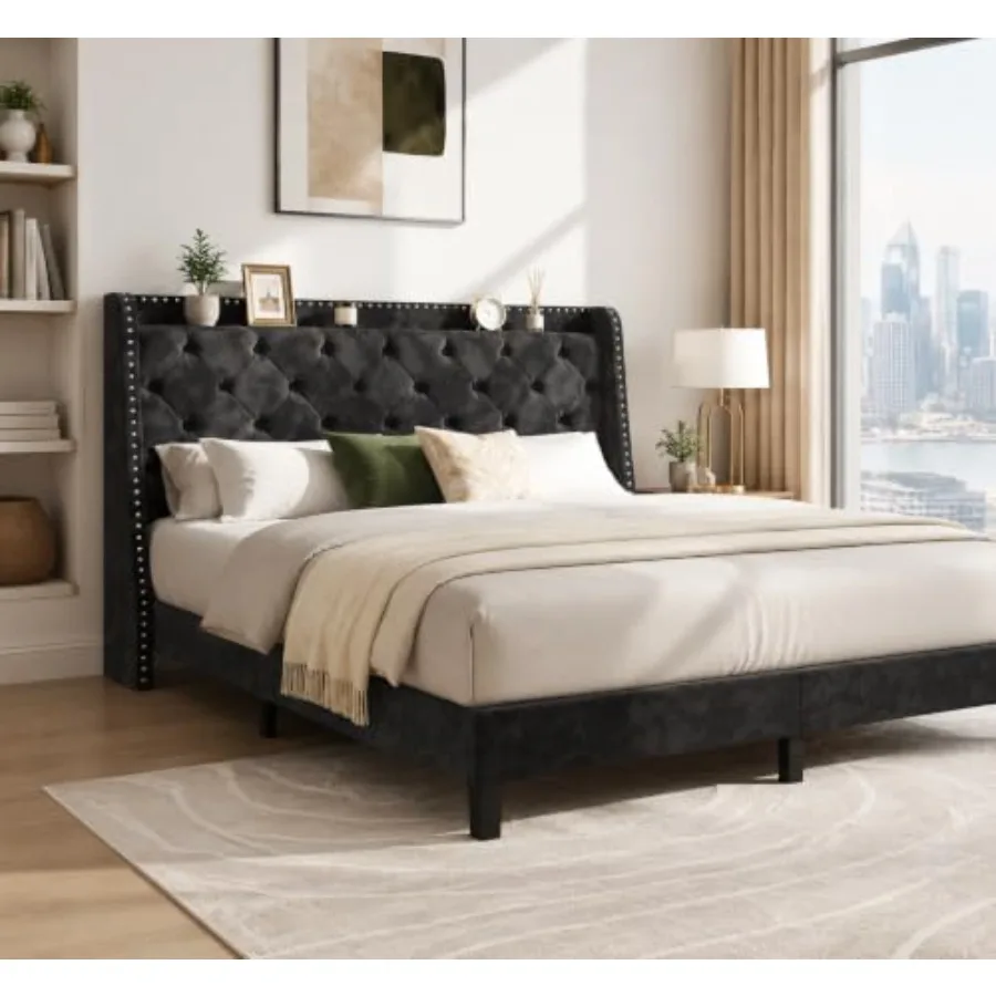 Queen Bed Frame with Storage Headboard for Bedroom, Velvet Upholstered in Black, Wingback Tufted Design, Noise-Free Wood Slat S