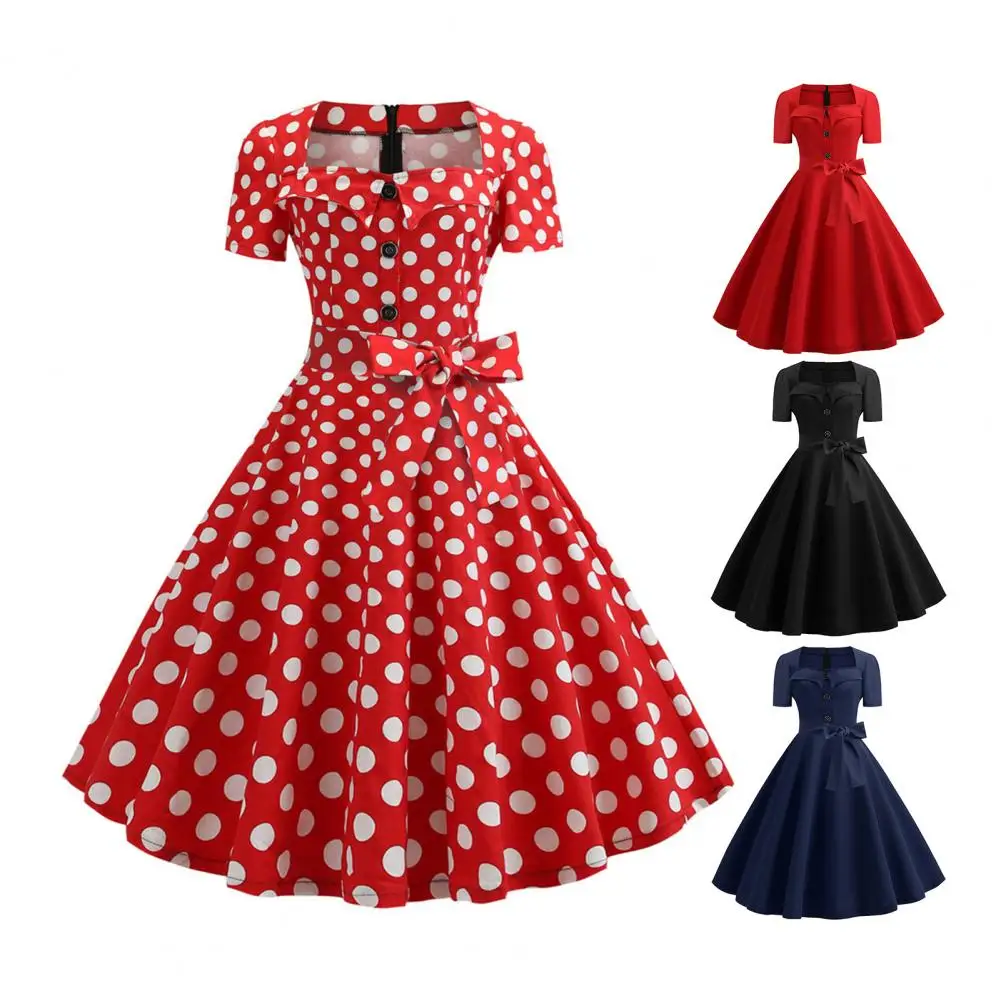 Robe mi-longue trapèze vintage avec col carré pour femme, décor de nœud ceinturé, décor de boutons rétro, imprimé à pois, pin-up, Rhdes années 1950