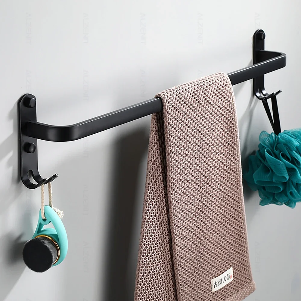 Matte Black Towel Bar 40-60CM Double Rail With Hook Wall Mount Rod Shelf Aluminum Shower Rack Hanger Bathroom Holder Accessories